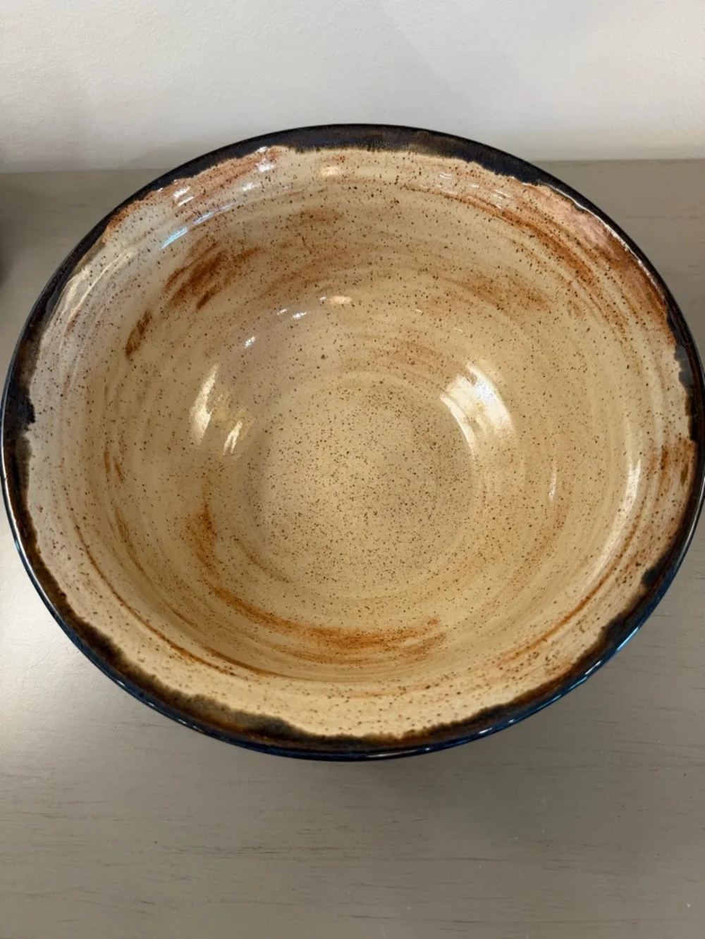 Artisan Studio Pottery Bowl Handles Blue Brown Tan Signed Muddy Hands 2007